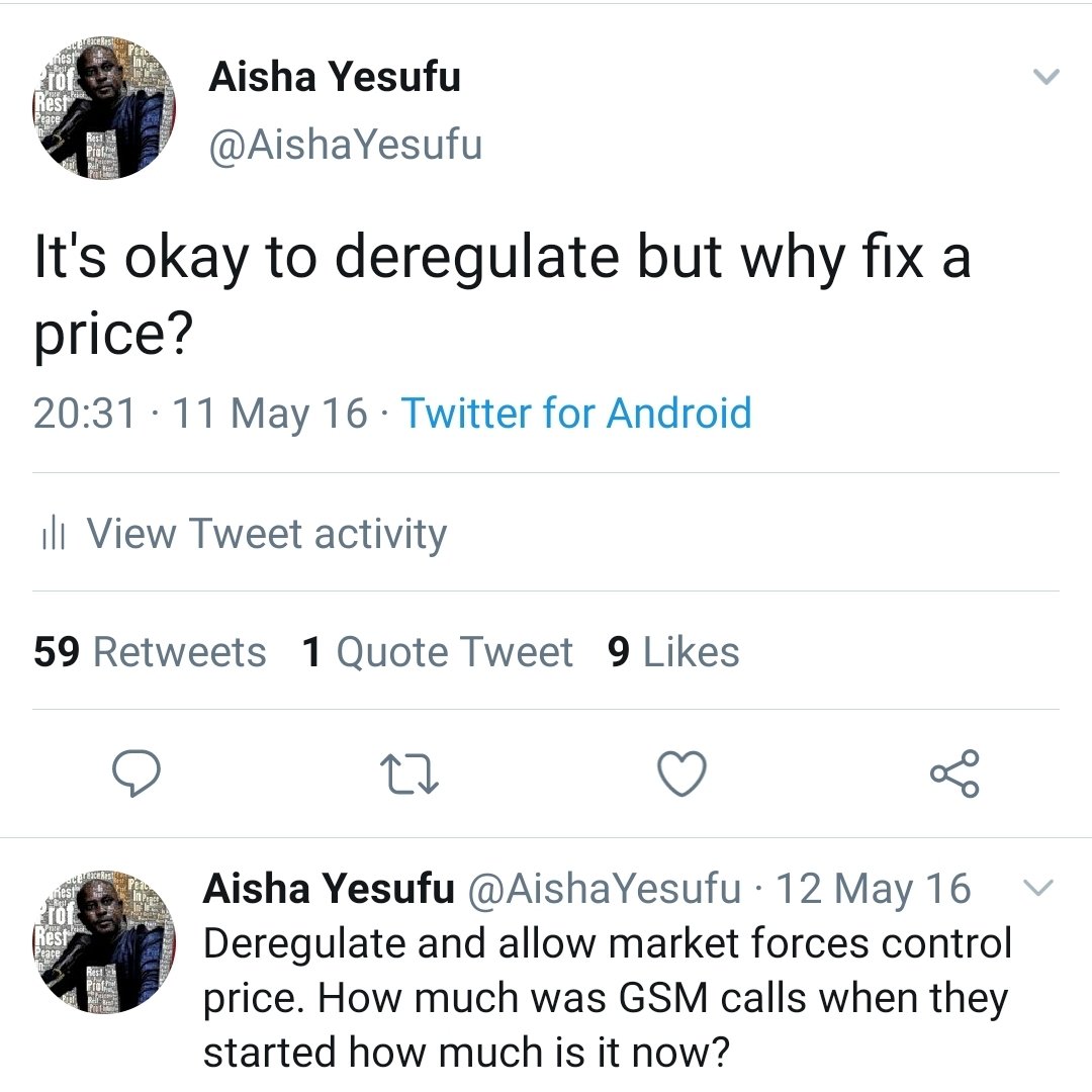 When Buhari's government announced price increment and deregulation in 2016, I questioned why the government should fix a price cap on a sector it had deregulated and wouldn't be paying subsidy? Many attacked! #BuhariDeceit https://twitter.com/AishaYesufu/status/730480442030362627?s=19