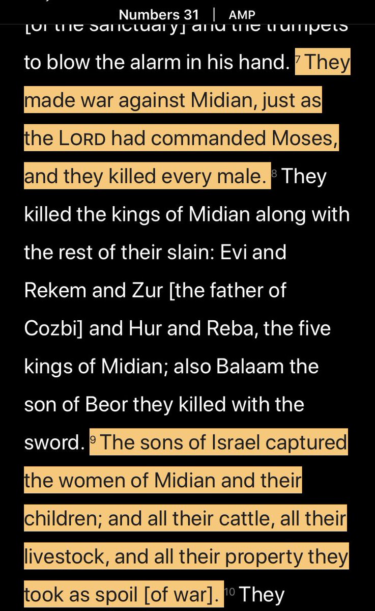 2. Genocide. This example is not the only place where Yahweh commands the annihilation of a people group. This one has the added bonus of Moses allowing sex slavery. Wonder why, “Though shall not kill is in the 10 commandments”