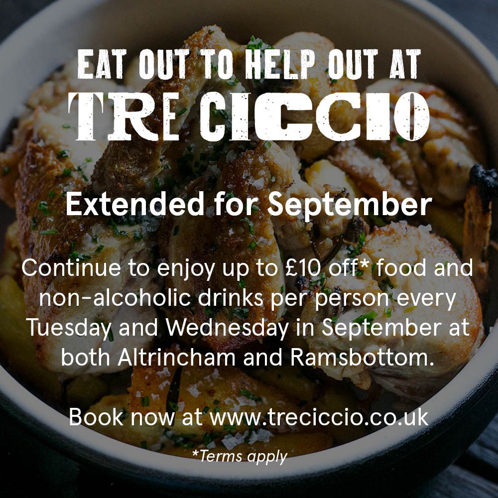 Tre_Ciccio's tweet photo. EAT OUT TO HELP OUT CONTINUES IN SEPTEMBER

We've decided to continue to offer 50% off food and non-alcoholic drinks every Tues &amp; Wed in September!

Book NOW to grab a table at https://t.co/R9LotLBXwD https://t.co/vUIWxcCJlh