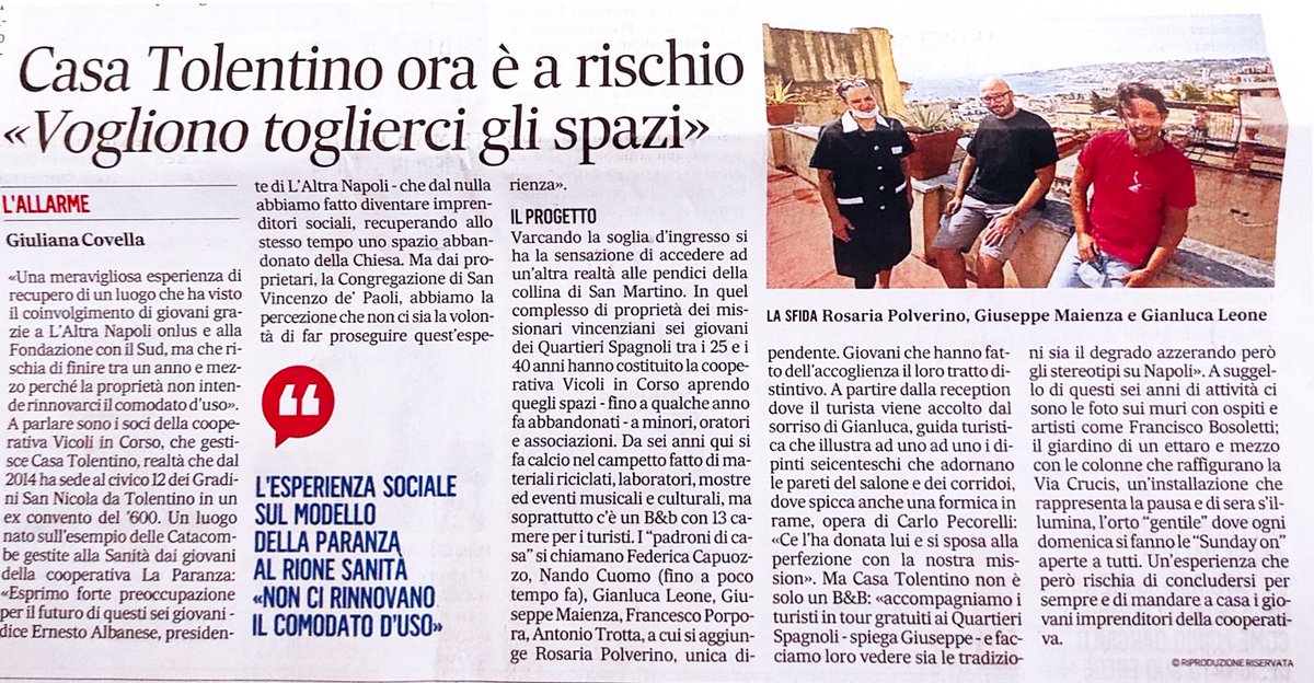 AltraNapoli's tweet photo. Casa Tolentino ora è a rischio, "Vogliono toglierci gli spazi"
#casatolentino #altranapolionlus https://t.co/sVHYM7UWcs