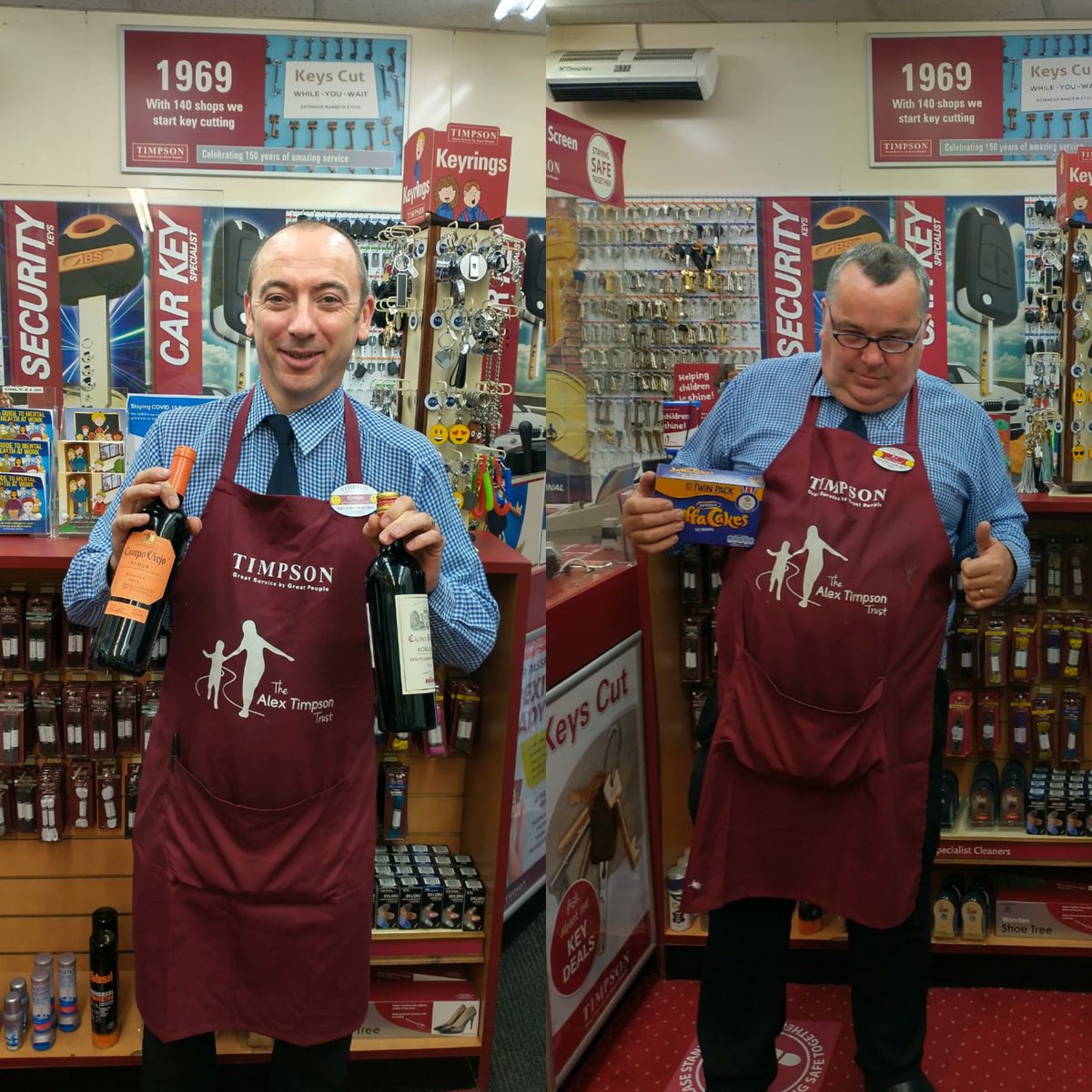 RossWhyborn's tweet photo. Massive thank you to Simon (left) for helping me out with keyboards and changing his day off to help the Area out, enjoy the wine mate 🤗 I couldn't leave PJ (right) out with treats, he got my Jaffa cakes 😊 @JamesTCobbler @Timpson_News https://t.co/ov9CBIRuvn