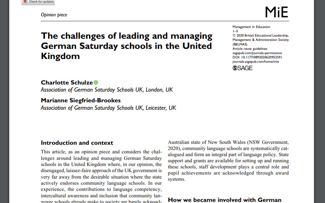 SaturdayUk's tweet image. Our article &apos;The challenges of leading and managing German Saturday schools in the UK&apos; has just been published in #ManagementinEducation journal. Can be found here rb.gy/fwcqn8 . Very exited! #communitylanguages #languagepolicy #German