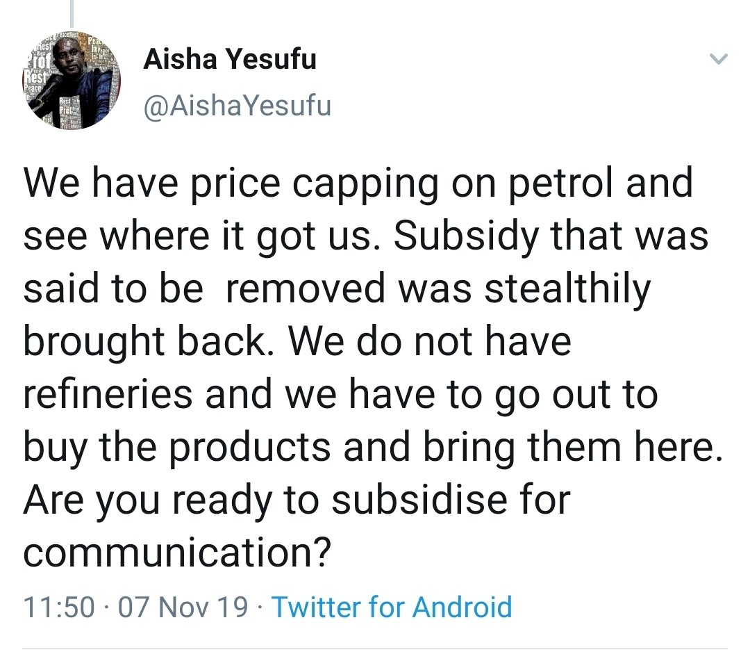 How do you say you have removed subsidy and yet you are fixing prices? Why is government not fixing the price of diesel? Because there is no subsidy being paid. #BuhariDeceit https://twitter.com/AishaYesufu/status/1192408864827805699?s=19