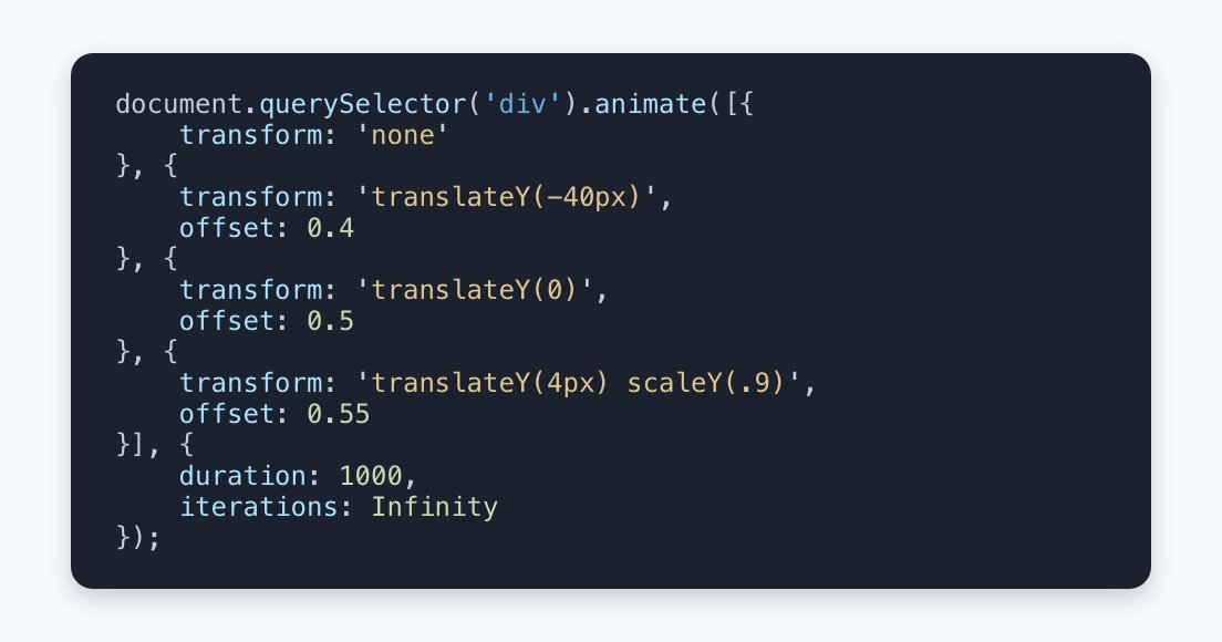 Vanilla JS .animate() function

<a href="/CodePen/">CodePen.IO</a> codepen.io/aaroniker/pen/…
Support ✅ caniuse.com/#feat=web-anim…