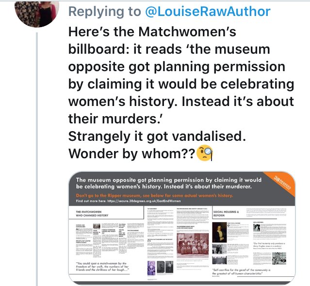 Jemima Broadbridge, Bethan Lant, Kate Connelly,  @K_IngalaSmith &  @redrumlisa were among those protesting.A pop up REAL Women’s Museum was set up at St George’s in the East.I designed the Matchwomen’s exhibit-which was also was put on a HUGE billboard facing the Ripper Museum