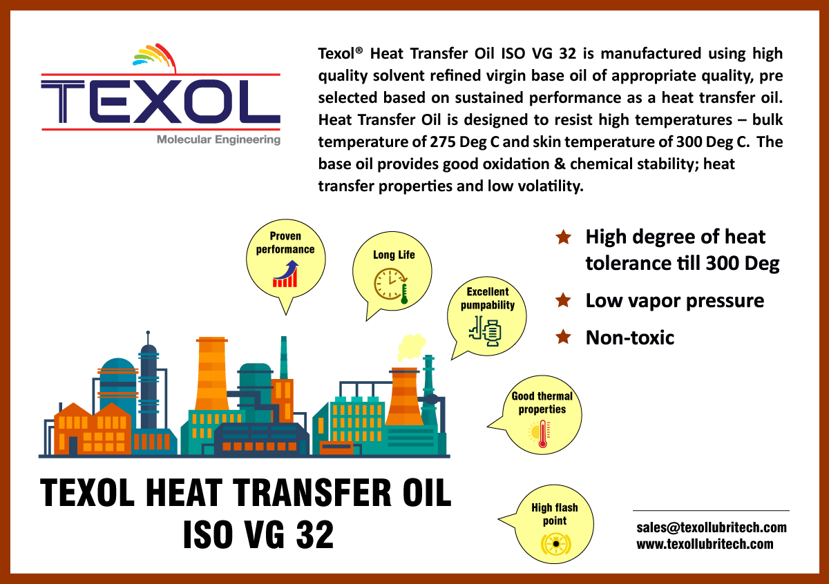 OilcompaniesUAE's tweet photo. Texol®Heat Transfer Oil ISO VG 32 is designed to resist high temperatures – the bulk temperature of 275 Deg C and skin temperature of 300 Deg C. The base oil provides good oxidation & chemical stability; heat transfer properties and low volatility. #heattransferoil https://t.co/lVLRUnPQUA