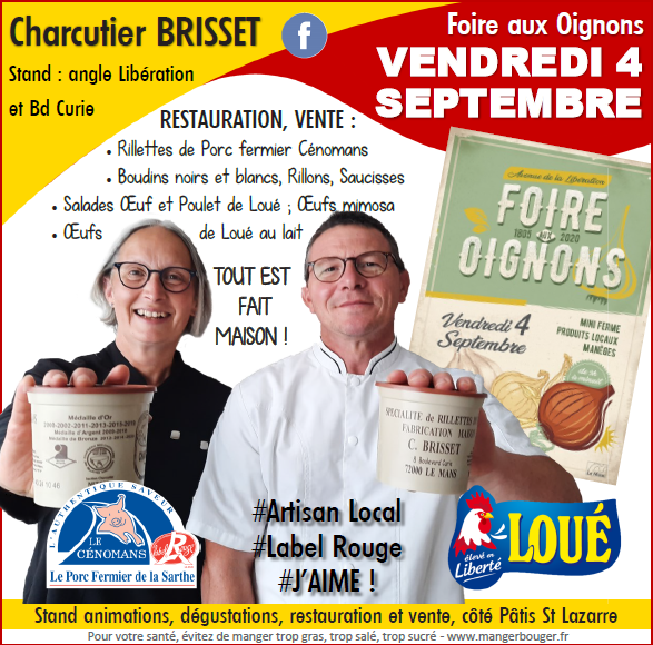 #LeMans, #FoireAuxOignons 
👉 RV avec Charcutier Traiteur Brisset : angle de l'Av. Libération et Bd Curie (côté Pâtis St Lazarre)
✅ dégustations, restauration rapide, ventes
✅ ambiance musicale en soirée avec Steel Random
✅ animations avec <a href="/porccenomans/">Porc Cénomans</a> et <a href="/FermiersdeLoue/">Fermiers de Loué</a>