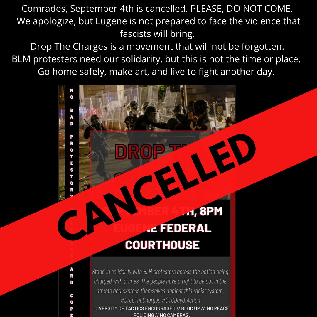 BipocLiberation's tweet photo. *NOT OUR EVENT* September 4th Rally has been cancelled. The Drop the Charges Campaign will not be co-opted by fascists and the violence they're intending. We will continue to fight for all BLM protestors facing charges. Make art, stay safe, &amp; live to fight another day. https://t.co/QJzb0dMGdt
