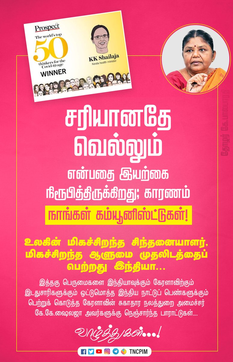 tncpim's tweet photo. சரியானதே வெல்லும் என்பதை இயற்கை நிரூபித்திருக்கிறது; காரணம் நாங்கள் கம்யூனிஸ்ட்டுகள்! - தோழர் கே.பாலபாரதி #CPIM #ShailajaTeacher #LDFGovt #ProspectMedia #KeralafightsCorona #WorldTop_Thinkers #COVID19 https://t.co/cFQDkeccM1