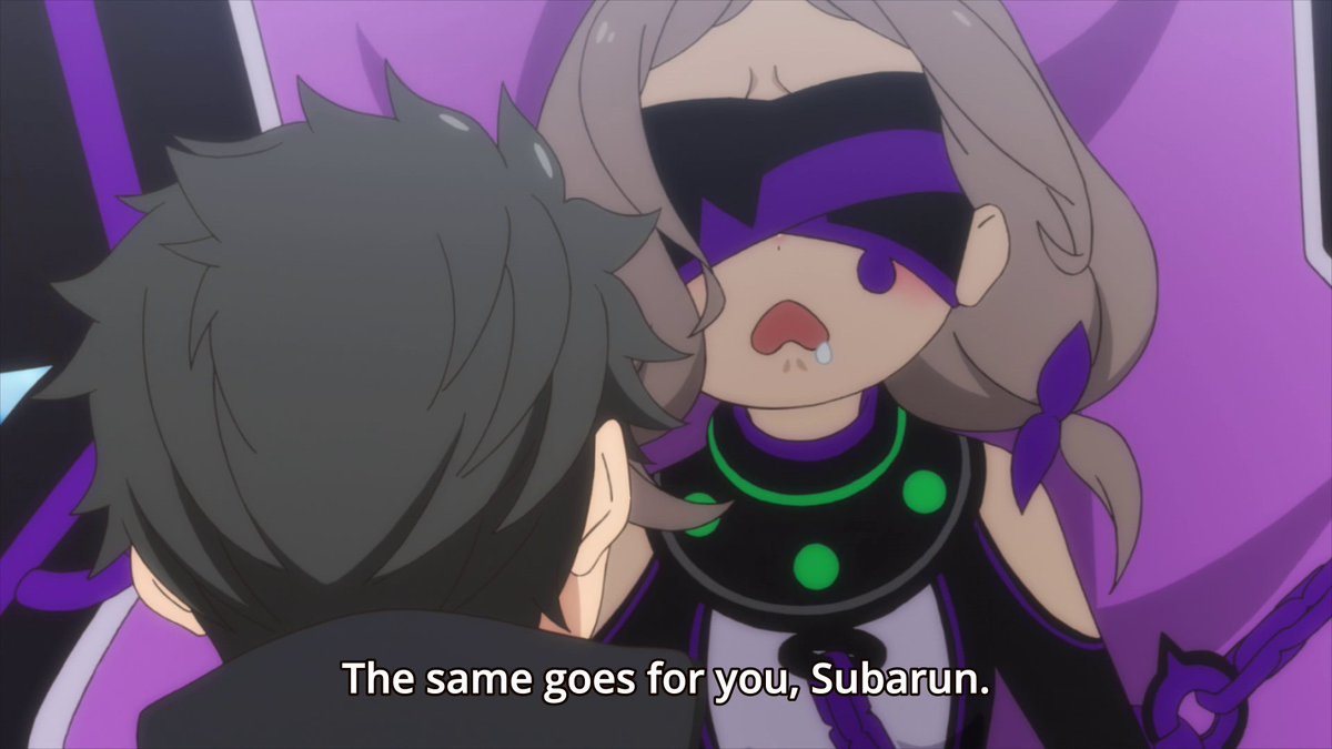 The sounds of the legs hitting the ground grabs your attention, Daphne moving towards Subaru as she says her lines, completely overtaking the entire background, is haunting. Her looking down on Subaru with her mouth open, as an embodiment of gluttony, makes him look inferior.