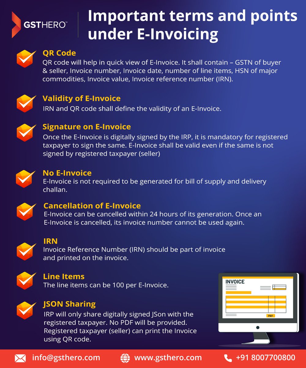 COVORO_'s tweet photo. Use of E-invoicing System mandated by the Government for Businesses with a turnover exceeding 500 crores. Let's cover some important terms and facts under E-invoicing.
#gsthero #gst #einvoice #einvoicing #einvoicingsystem #accounting #icai https://t.co/RmZK2imk5K