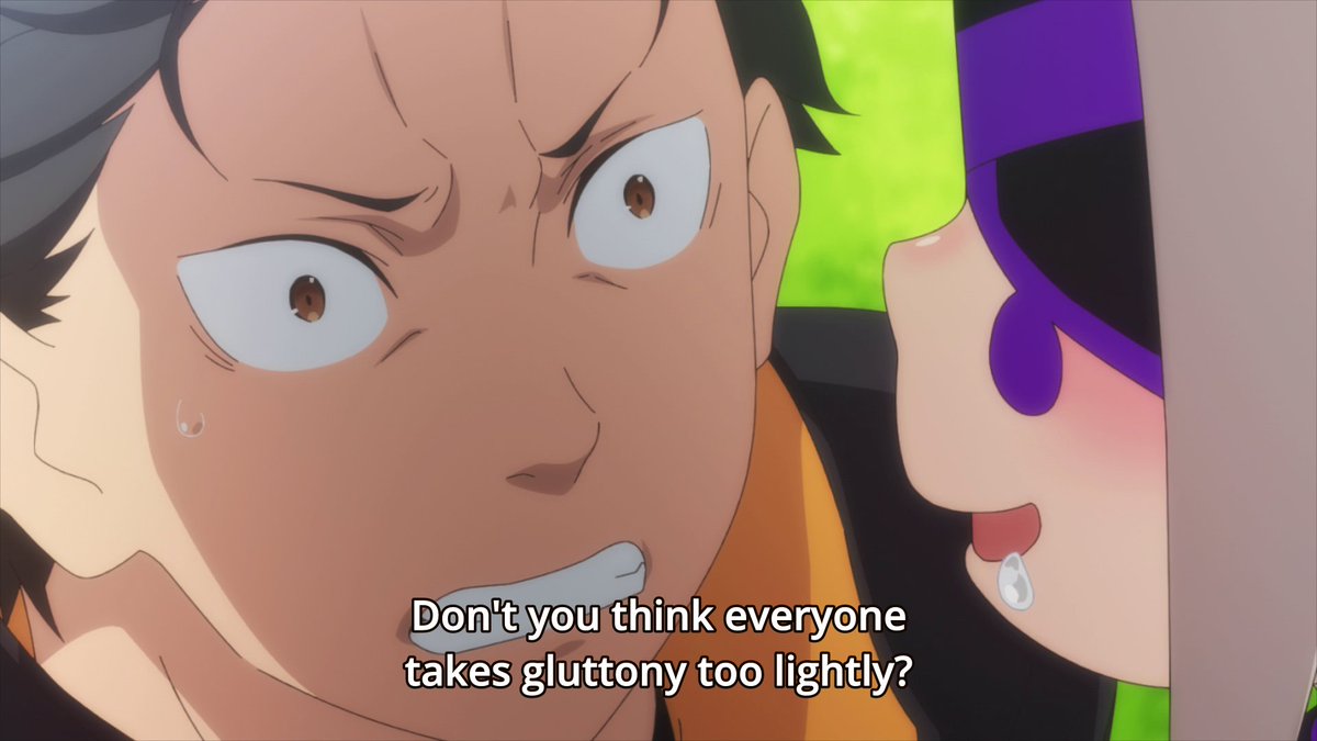 Despite her taking up minimal space, it's still enough to make Subaru look frightened! Also, her statement about gluttony seems really interesting, we always think about eating since we're beings on top of the food chain, but we never think about being eaten!