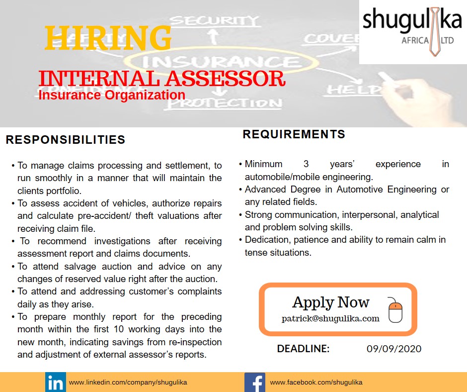 Shugulika's tweet photo. Vacancy: Internal Assessor.
To Apply send CV to patrick@shugulika.com before the deadline on 09/09/2020. Only Shortlisted candidates shall be contacted.

#shugulika #vacancy #InternalAssessor https://t.co/JTEwoT8YNH