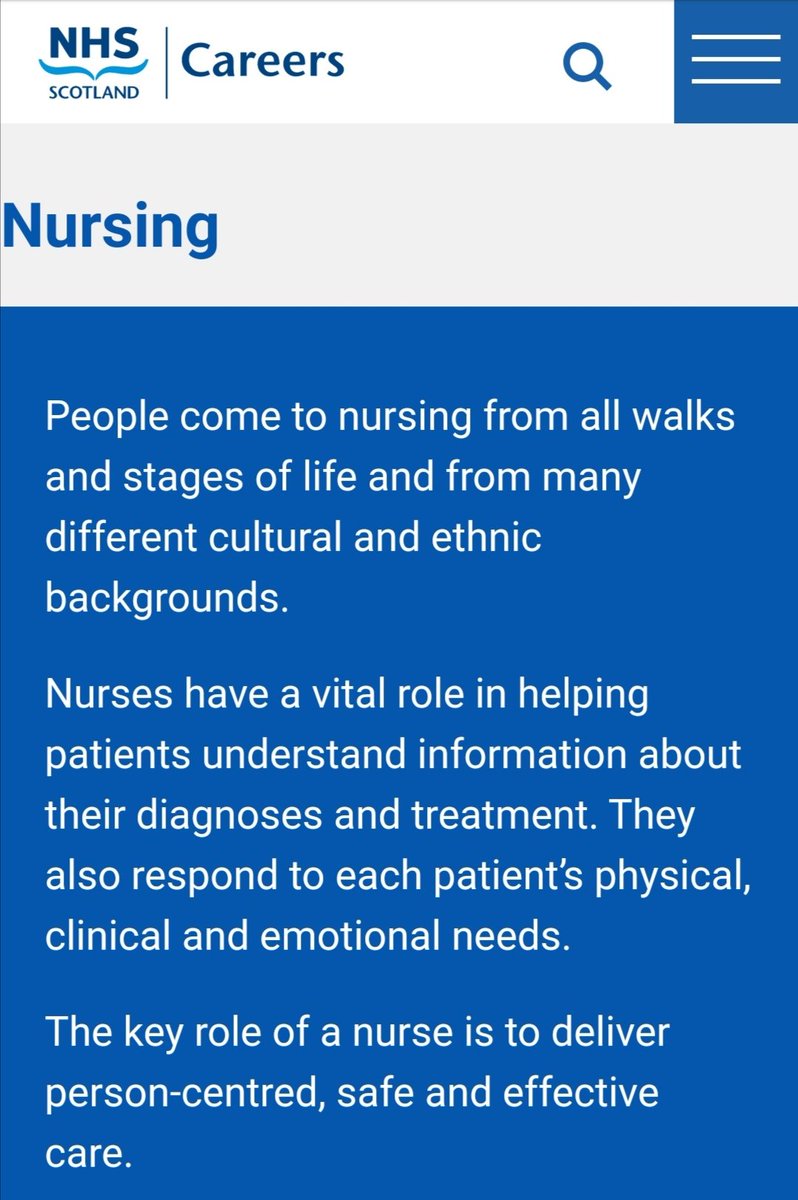 Explore some of the different kinds of nursing careers u can undertake, a helpful resource by @NHSScotCareers
Be part of an excellent profession 👌 careers.nhs.scot/careers/explor… #nhshnursing #nhshMHnursing this can also then lead to careers like #carehomenursing & District nursing too