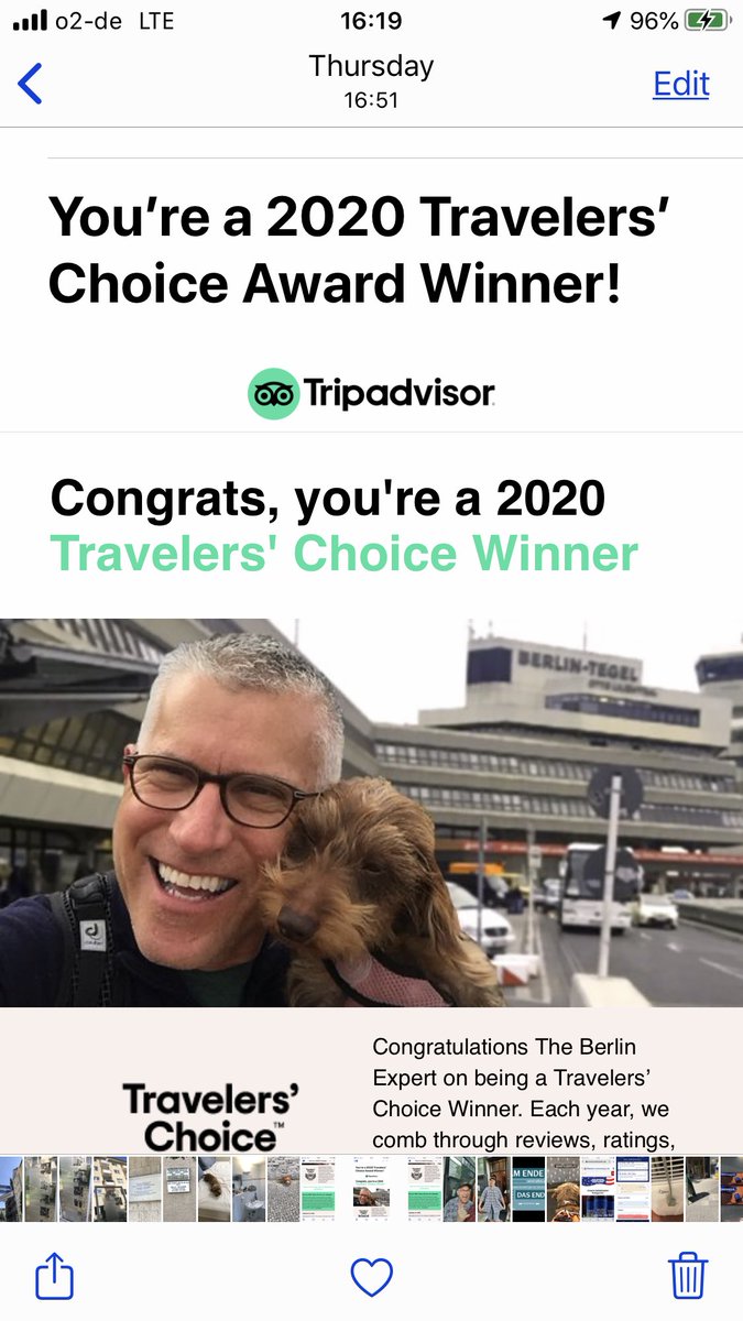 theberlinexpert's tweet photo. Proud to be a winner of Trip Advisors Travelers’ Award!! Only the top 10% receive this. It’s a honor!! #tripadvisor #trip #travel #adventure #history #berlin #germany🇩🇪 #virtual #virtualtours #jewishtravel #gaytravel #igberlin #remotetourism #igtravel #bbctravel #cnntravel #nyt https://t.co/SW4CXa7LIT