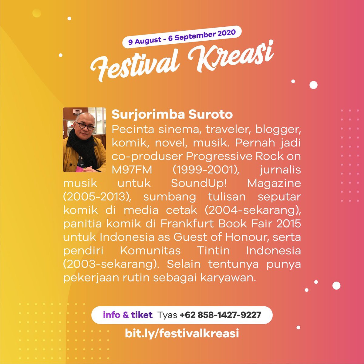 indovisualnet's tweet photo. Festival Kreasi 2020 “BECOMING GOOD MOVIE AUDIENCE” with Surjorimba Suroto, George Arif, dan Rosdiana Setyaningrum, akan ngobrol tentang peran audiens.

📅 Minggu, 6 September 2020
⏰ 10.00 – 12.00 WIB
📱 +62 858 1427 9227 [Tyas]
🔗 https://t.co/kUqRUVwG68
🎁 dapat sertifikat https://t.co/96b8jrlI9e