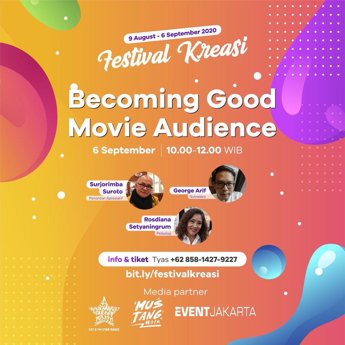 indovisualnet's tweet photo. Festival Kreasi 2020 “BECOMING GOOD MOVIE AUDIENCE” with Surjorimba Suroto, George Arif, dan Rosdiana Setyaningrum, akan ngobrol tentang peran audiens.

📅 Minggu, 6 September 2020
⏰ 10.00 – 12.00 WIB
📱 +62 858 1427 9227 [Tyas]
🔗 https://t.co/kUqRUVwG68
🎁 dapat sertifikat https://t.co/96b8jrlI9e