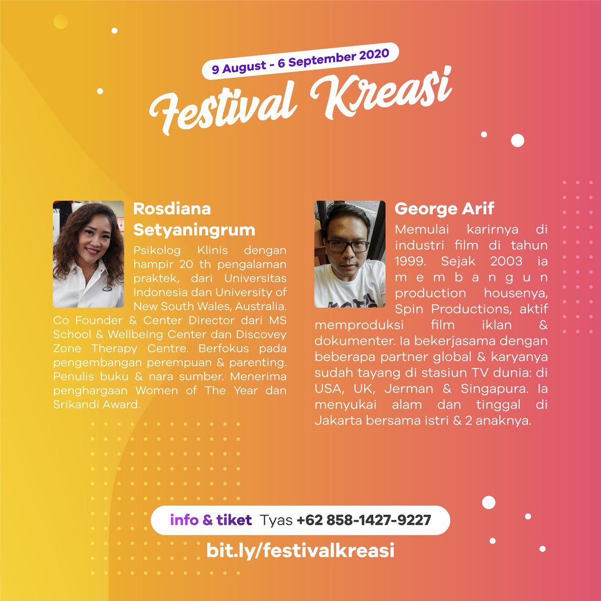 indovisualnet's tweet photo. Festival Kreasi 2020 “BECOMING GOOD MOVIE AUDIENCE” with Surjorimba Suroto, George Arif, dan Rosdiana Setyaningrum, akan ngobrol tentang peran audiens.

📅 Minggu, 6 September 2020
⏰ 10.00 – 12.00 WIB
📱 +62 858 1427 9227 [Tyas]
🔗 https://t.co/kUqRUVwG68
🎁 dapat sertifikat https://t.co/96b8jrlI9e