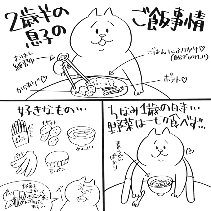 2歳半のうちの息子のご飯事情です、、、なかなかに苦労中。

#育児漫画 