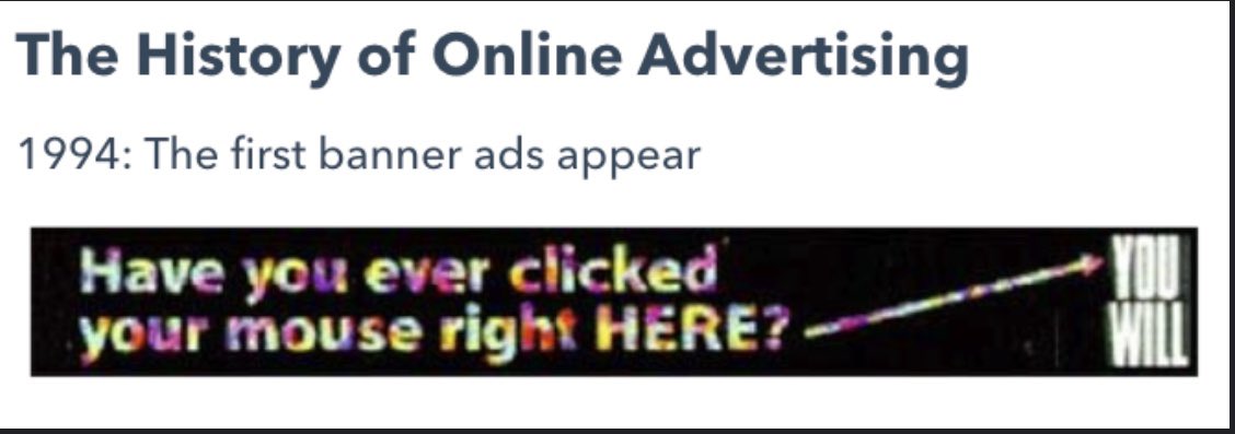 hairaman's tweet photo. #TIL - The 1st digital ad was displayed in 1994 on https://t.co/gq1onmtYq6, now https://t.co/AAcaCUV1cj. AT&amp;T paid $30K for 3 months to display the ads. The ad had a click-through rate of 44%, compared to an avg. of 0.46% for online display ads last year. #Digitalads #onlineads https://t.co/BKTwC1yfEa