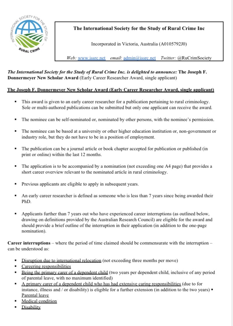 RuCrimSociety's tweet photo. ISSRC are delighted to announce an award for #ECRs Early Career Researchers: ‘The Joseph F. Donnermeyer New Scholar Award’

We are keen to recognise your incredible #rural #criminology work and acknowledge career interruptions (see info for details)

Open now, closes 30th October https://t.co/pRJ2fGumlw