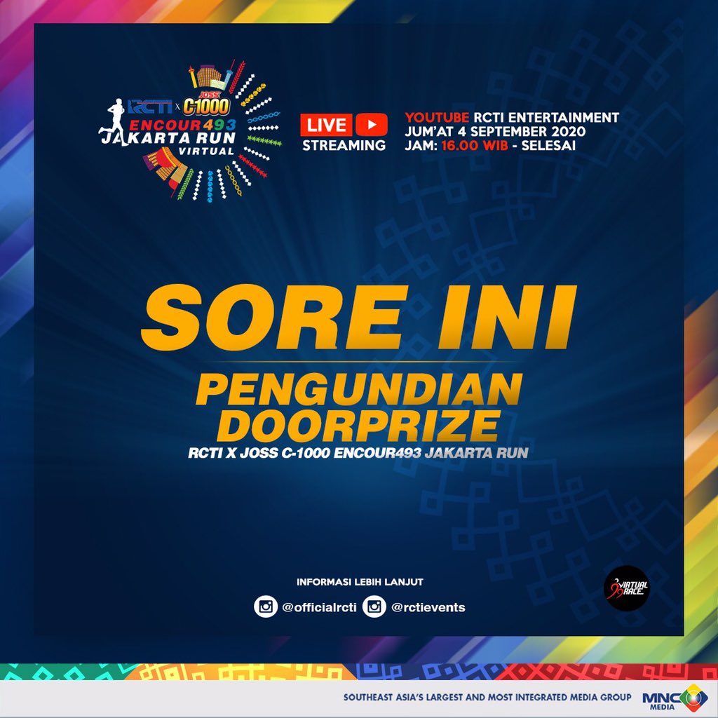 OfficialRCTI's tweet photo. Buat runners yang ikutan event #RCTIxJossC1000Encour493JakarataRun, siapkan dirimu untuk pengundian doorprize hari ini pk 4 sore Live Streaming di Youtube RCTI Entertainment.   #RCTIxJossC1000Encour493JakartaRun
#VirtualRun2020 https://t.co/4FZfMnroZ1