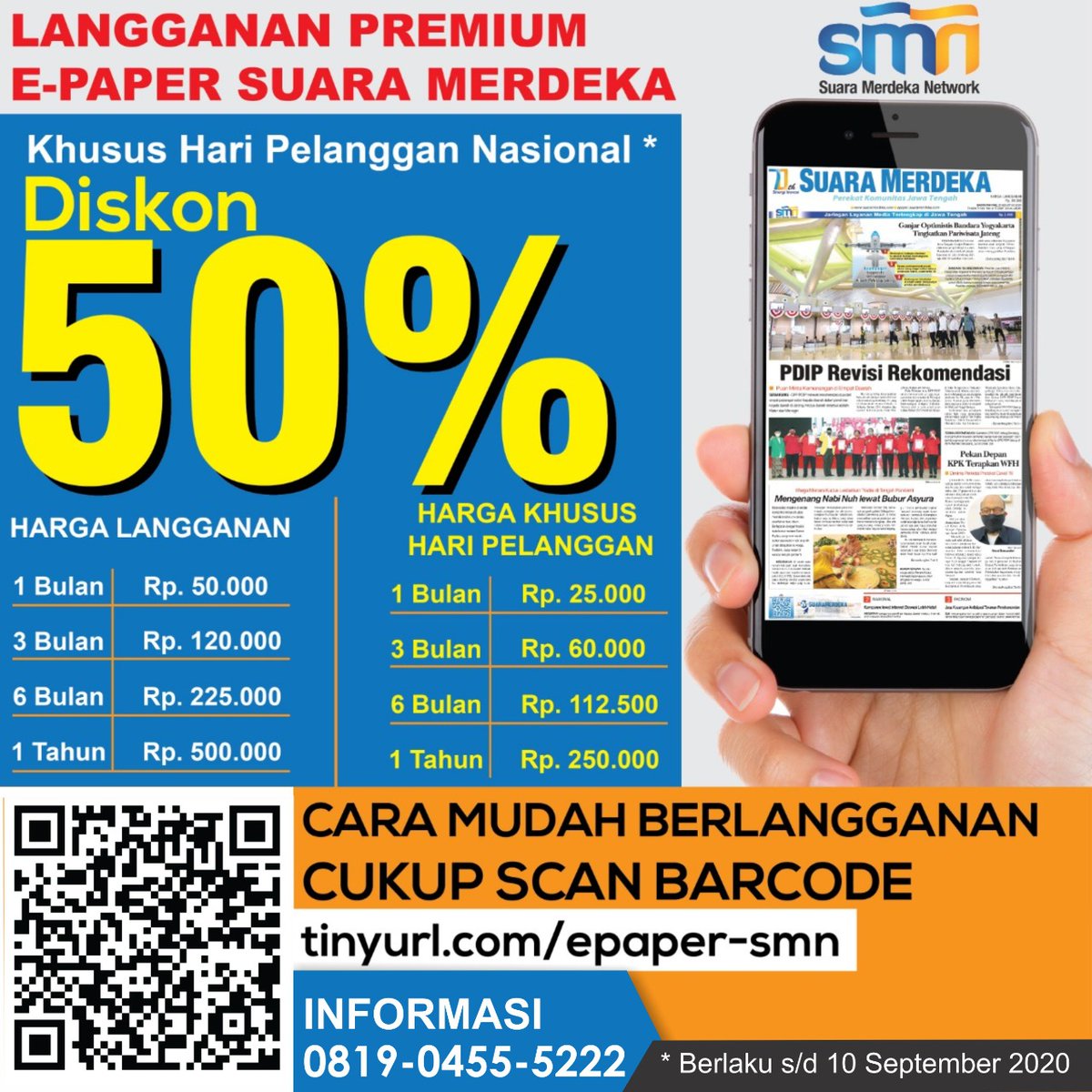 Dapatkan langganan koran Suara Merdeka dgn mudah, cepat dan praktis, melalui Langganan Premium E-paper. Koran akan berada dlm genggaman gadget  setiap pagi hari mulai jam 06.00 WIB. 

Bertepatan dengan Hari Pelanggan, kami berikan Diskon Khusus 50% dr harga normal. #suaramerdeka