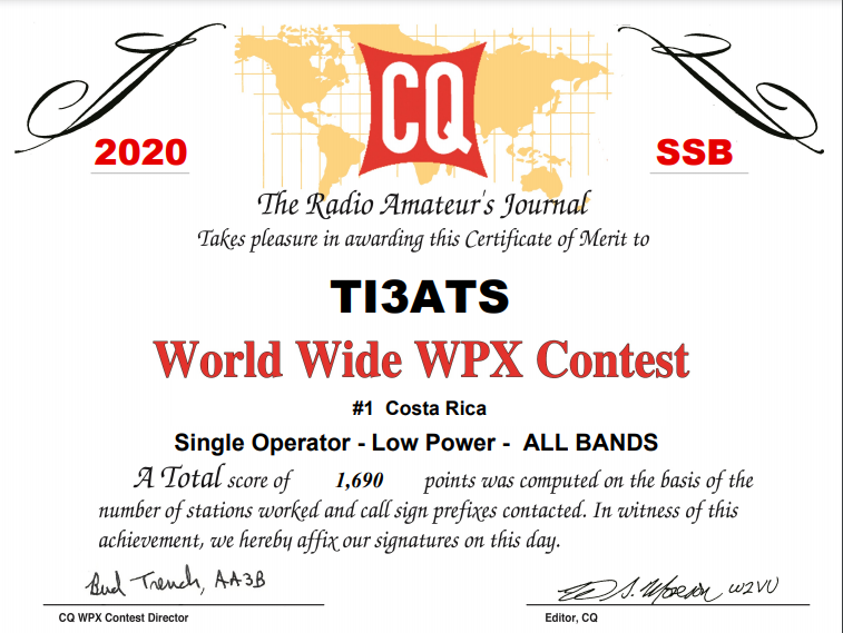 OctavioAraya's tweet photo. #CQWPX2020 #ti3ats
Primer lugar en Costa Rica Categoría 1 Solo operador, Baja Potencia, Todas las bandas, no asistido
Segundo Lugar en Costa Rica Rookie, Baja Potencia, Todas las bandas
#HamRadio #Contesting https://t.co/xhnsBX16aB