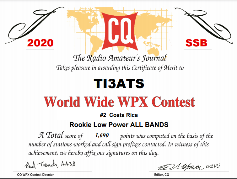 OctavioAraya's tweet photo. #CQWPX2020 #ti3ats
Primer lugar en Costa Rica Categoría 1 Solo operador, Baja Potencia, Todas las bandas, no asistido
Segundo Lugar en Costa Rica Rookie, Baja Potencia, Todas las bandas
#HamRadio #Contesting https://t.co/xhnsBX16aB