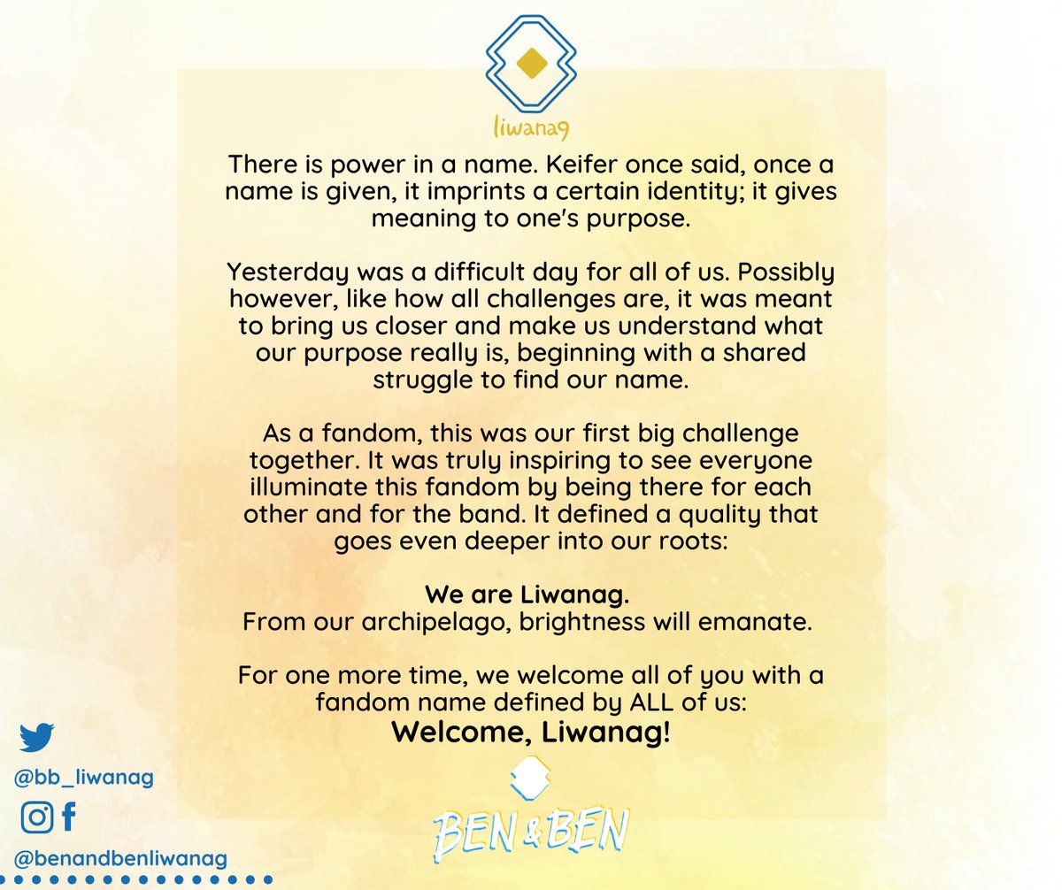 bb_liwanag's tweet photo. We heard you. ✨
From our archipelago, brightness will emanate. 

For one more time, we welcome all of you with a fandom name defined by ALL of us:
Welcome, Liwanag! 💛 https://t.co/lxaeyvYzLY