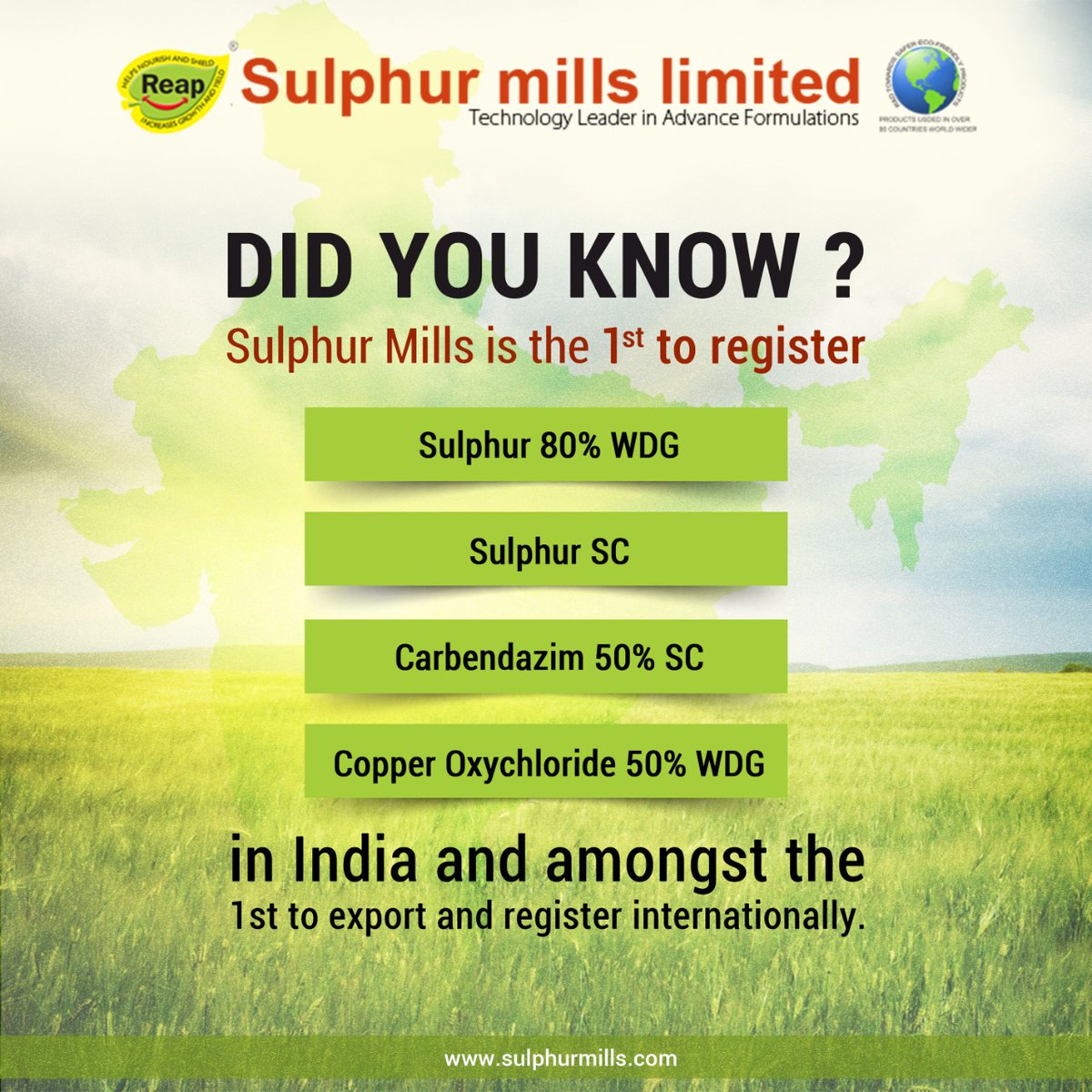 MillsSulphur's tweet photo. Sulphur Mills Limited is the 1st to register Sulphur 80% WDG, Sulphur SC, Carbendazim 50% SC and Copper Oxychloride 50% WDG in India and amongst the 1st to export and register internationally.
#sulphurmills #fertis #technoz #reap #farming #agriculture #cropnutrition #mumbai https://t.co/0z0LQmbPGb