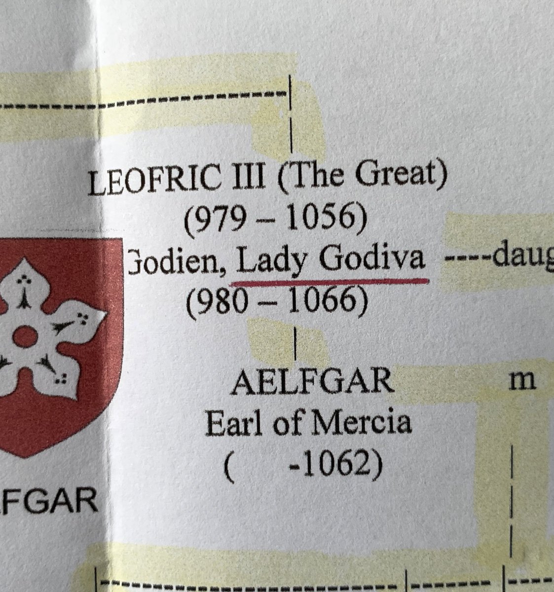 First up, this one we’ve known about for a bit, but my wife’s grandma was related to the wife of Leofric, Earl of Mercia. That’s Lady Godiva, folks.