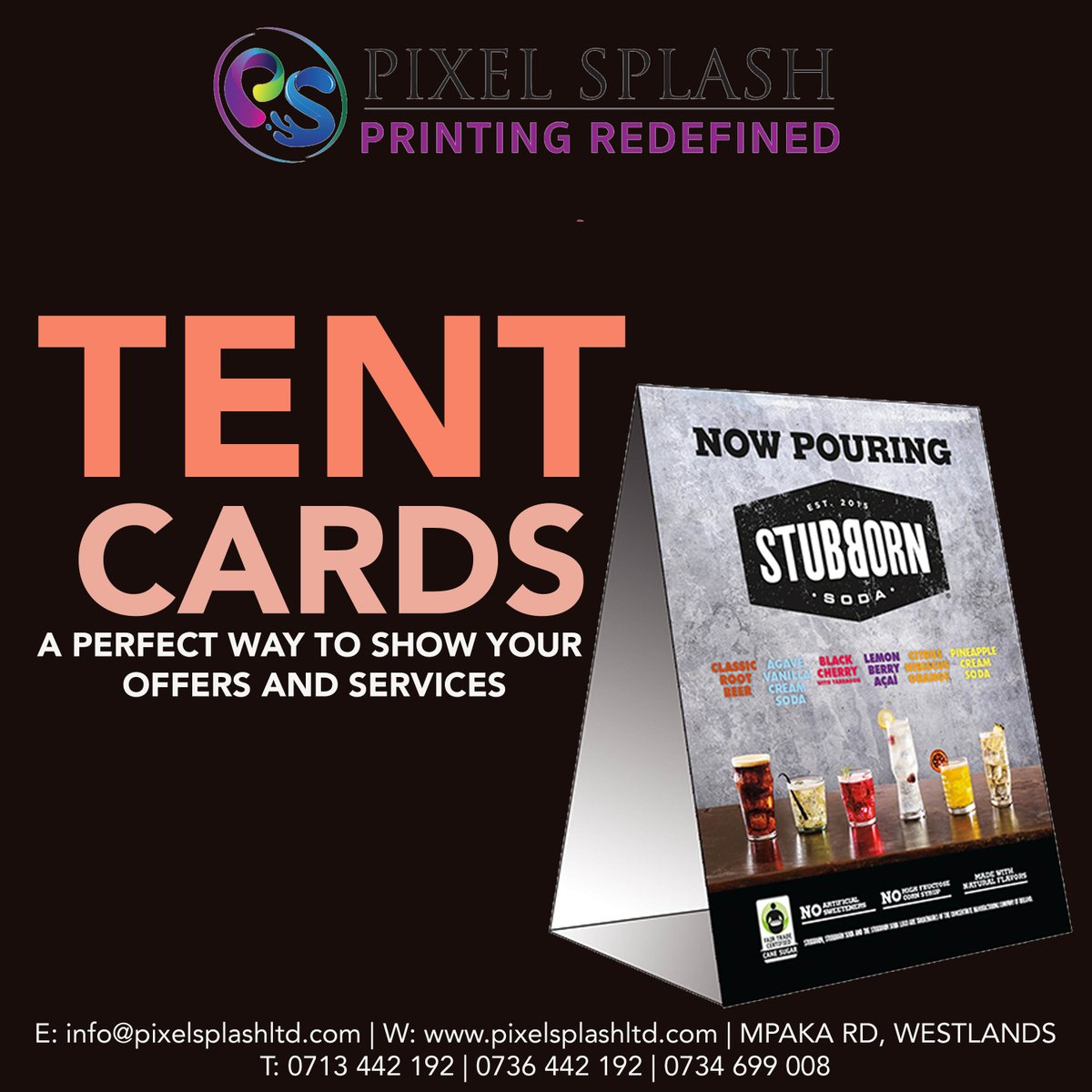 Pixelsplashltd's tweet photo. Table Tents are triangular table displays. They are folded in a way that it is readable from both sides of the display. A perfect way to advertise products and services or promote discounts. Place your orders today
#tentcards #promote #pixelsplashltd #digitalprinting #printing https://t.co/EWNiCKjlnx