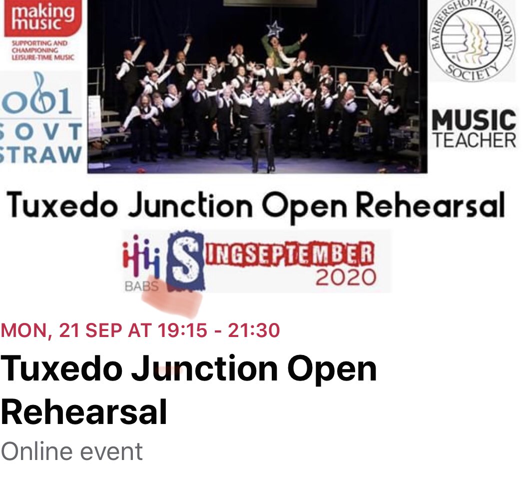 Join us online for a rehearsal with a twist on 21 #SingSeptember 2020. Totally free and totally awesome. See the Facebook event for details. facebook.com/events/s/tuxed…