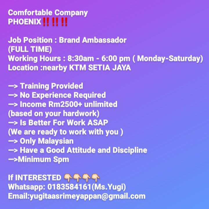 sri_yugi's tweet photo. VACANCY
@twt_kerja @remaong_born @maucurhatmy @VacanciesMY @portalkerjayamy @getsendview @infokerjaya @Kerjacarirezeki @Jobkerjaya @kerjaON9 @sebarkerja @kerjakosong123 @KerjaOh @Oh_KerjaKosong @MauKerjaMY @haikerja @Peluangkerjaya @jawatan @jawatannkosong @Twt_IklanKerja https://t.co/o9ctqLSX3w