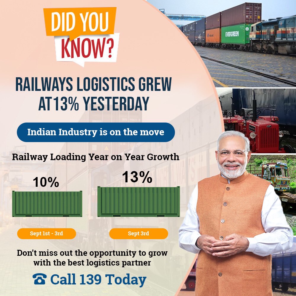 Railways is the first choice for Indian Businesses to move goods. Beating COVID-19, we are growing at double digit over last year. Don't miss the chance to grow your business by partnering with the most cost efficient &amp; fastest way to reach your customers. Call 139 today!