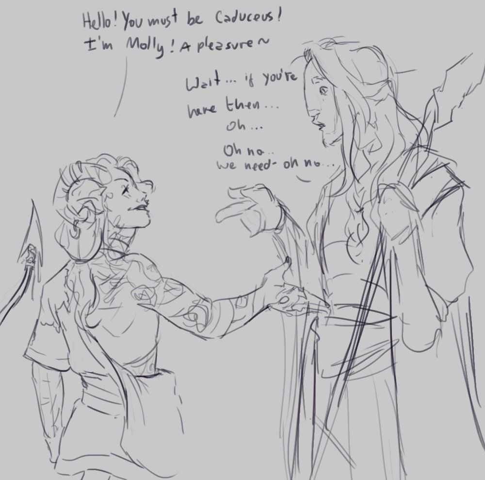 other asorted sketches of the Clay Mollymauk AU...
Clarabelle and Molly hading to Zadash to talk to the Gentleman. A meeting while the m9 are busy resu...oh... And molly doing his best 