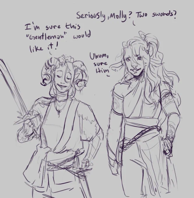 other asorted sketches of the Clay Mollymauk AU...
Clarabelle and Molly hading to Zadash to talk to the Gentleman. A meeting while the m9 are busy resu...oh... And molly doing his best 