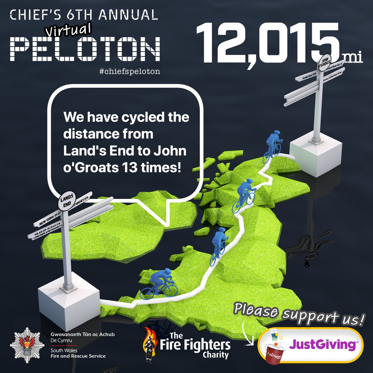 SWFireandRescue's tweet photo. Our #ChiefsPeloton riders 🚲 travelled a total of 12k miles throughout August, equal to 13x between John o’Groats &amp; Land’s End!

Please help us smash our fundraising target for The Fire Fighters Charity and support UK Firefighters and their families👉 https://t.co/5fxXa8TYag https://t.co/yIsGjEzgrL