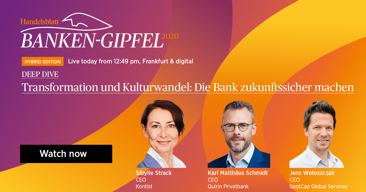 Today from 12:40 PM the deep-dive of the 
<a href="/handelsblatt/">Handelsblatt</a>
 #Banken-Gipfel, “Transformation and cultural change: making the bank future-proof” with <a href="/JensWoloszczak/">Jens Woloszczak</a> 
#handelsblatt #bankengipfel #banking #bankingtech #digitalbanking #fintech #financialtechnology #digitaltransformation