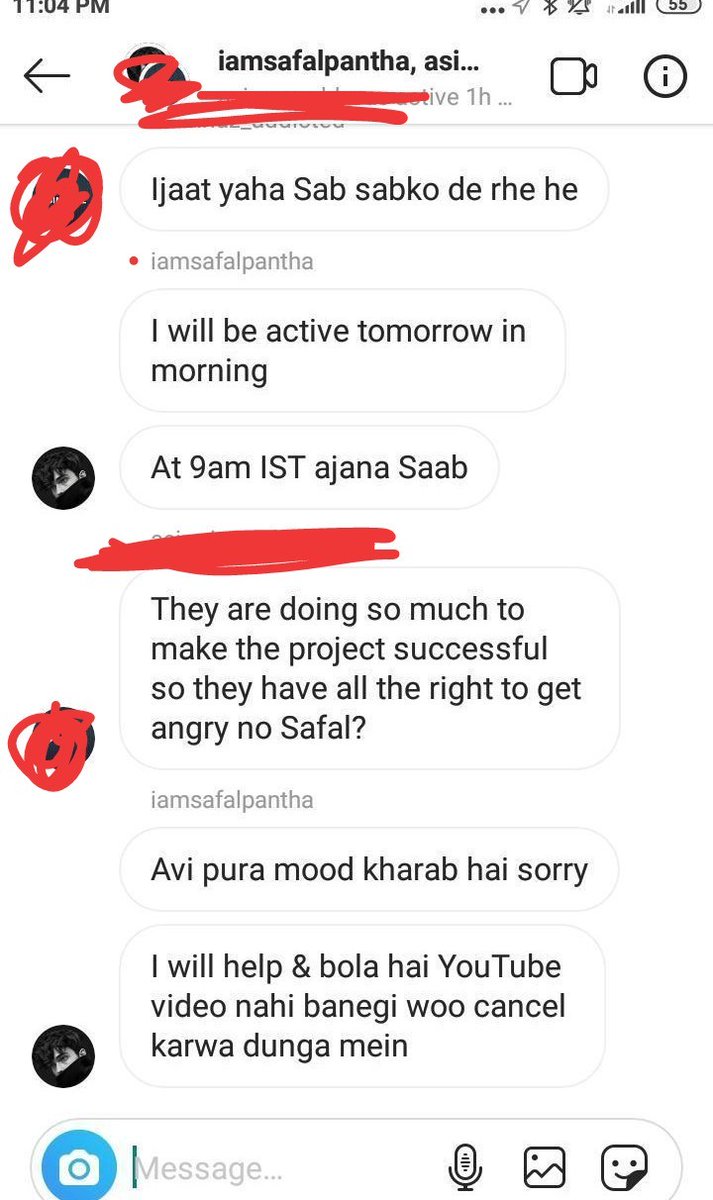 We told  @iamsafalpantha to delete the tweet which he said he'll do and will change the plan but never did, he was keep asking us to wait because he was waiting for his thug gang ( @Iftikhar_khan_ ,  @NickSensible and some more) to come and join him (+)