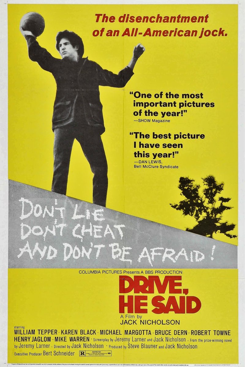 AngusKohm's tweet photo. #NowWatching

Drive, He Said (1971) by #JackNicholson

#WilliamTepper #KarenBlack #BruceDern #RobertTowne #HenryJaglom

A college basketball player has an illicit love affair while his roommate tries to avoid the draft.

"Don't Lie, Don't Cheat, And Don't Be Afraid!"

#Comedy https://t.co/jJwu2Bpcsc