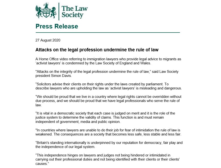 As Priti Patel doubles down on the “activist lawyer” narrative, a reminder that the Law Society just last week reminded the Home Office as to how the rule of law works.