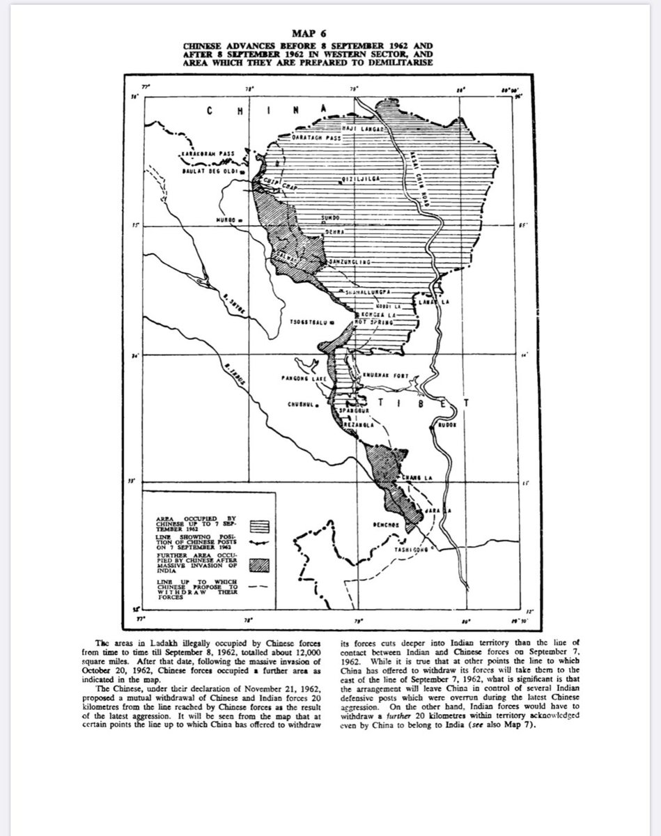NMenonRao's tweet photo. This is a map from an open domain GoI publication from 1963, on Chinese Aggression in Maps. It depicts extent to which Chinese came as of Nov 20, 1962 when they unilaterally announced a ceasefire. Today, are their actions related to the November 62 line as shown in this map? https://t.co/J7g8briEEi