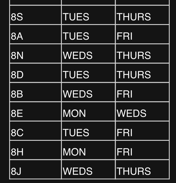 Year7SandbachSc's tweet photo. Year 8 PE timetable which comes in to effect from Monday 7th September - boys are reminded to come to school in their tracksuit with their PE kit underneath. PE days for 8L will be confirmed ASAP 🏃🏼‍♂️ @SandbachSport https://t.co/seWyQ33WcH