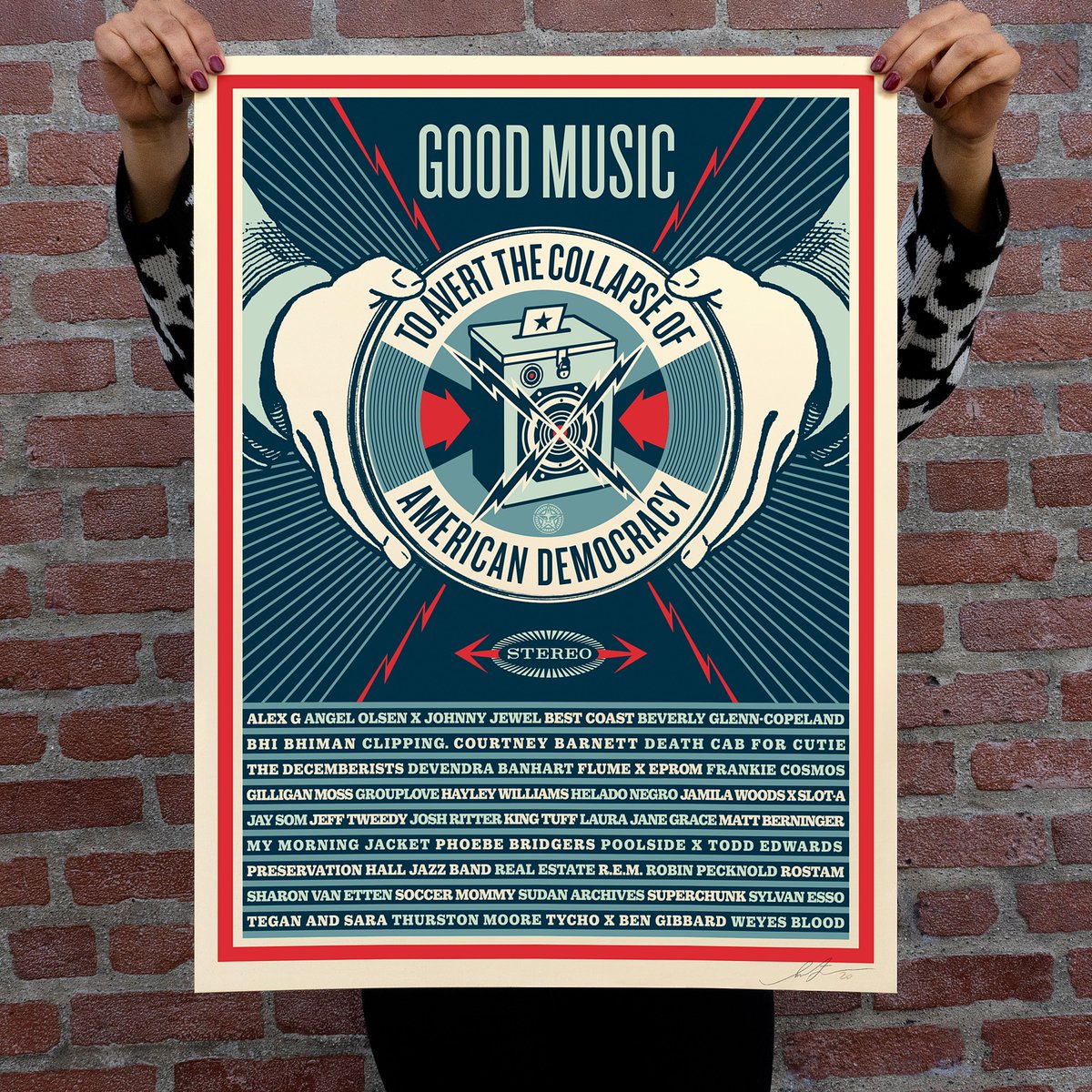 OBEYGIANT's tweet photo. I designed the cover art &amp; poster for “Good Music To Avert The Collapse Of American Democracy!” Available for 24 hrs only starting NOW via Bandcamp: https://t.co/NDFd71zHGs. Proceeds from the album will go to @fairfightaction &amp; proceeds from the poster will go to @colorofchange! https://t.co/4o5M6i4dh4