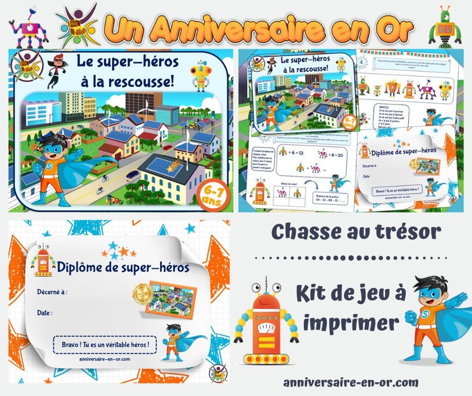 Chasse au trésor des super-héros en version 4-5, 6-7 et 8+ ans! Serez-vous assez fort pour vaincre le terrible DOKNOIR et son armée de robots!
anniversaire-en-or.com
#superhéros #chasseautresor #animation #enfant #activité #famille #anniversaire #jeu #héros