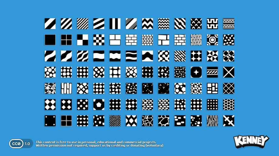 KenneyNL's tweet image. New #gameassets now available! The &apos;Pattern Pack&apos; includes 80+ seamless patterns and textures in both bitmap and vector versions. Free to use for anything, by anyone. Download: kenney.nl/assets/pattern… #gamedev #gameassets #vector