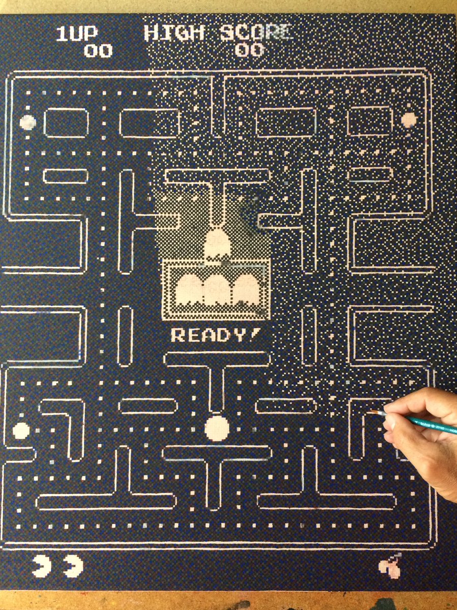 patrickegarter's tweet photo. #finearts, at work: „pac man: pixelism meets pixel-art“, #pixelism - ca. 75.000 painted pixels, □ = 2 x 2 mm, acrylic on canvas, 50 x 60 cm. #acrylic #visualart #art #pixelart #pixelpainting #atwork #pixelpainter #pixels #canvas #paintedpixels #pacman #arte #kunst #colors #pixel https://t.co/0HAS0EYD4f