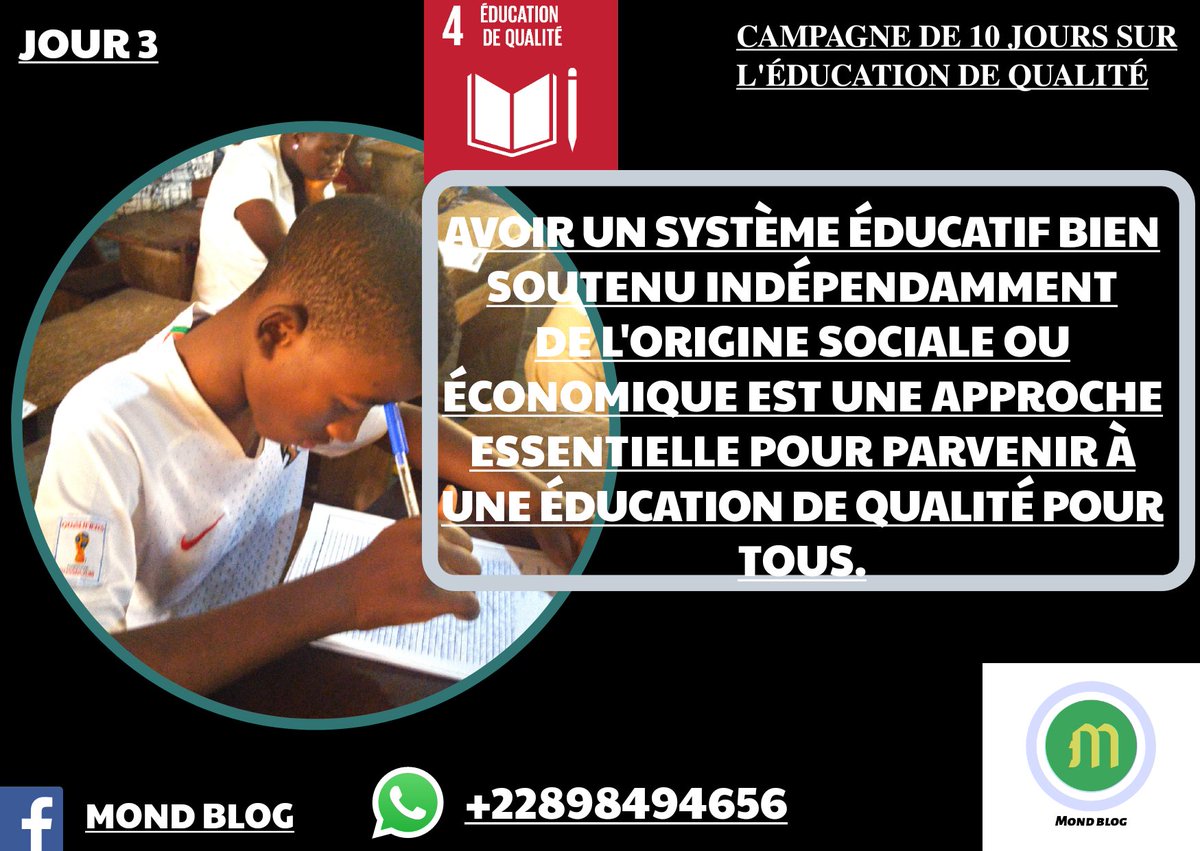 Mond_blog's tweet photo. Jour 3
Avoir un système éducatif bien soutenu indépendamment de l'origine sociale ou économique est une approche essentielle pour parvenir à une éducation de qualité pour tous...
#QualityEducation #Theirworld #UNESCO #MondBlog https://t.co/oP6qqJmSjq